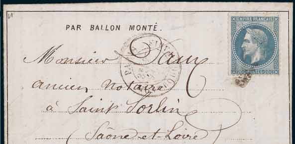 20c LAURE sur <br> dépêche-Ballon No 26<br>  frappée du cachet à date<br>  du 27 janvier 1871<br>  à destination de la SAONE ET LOIRE. <br> Arrivée le 3 février