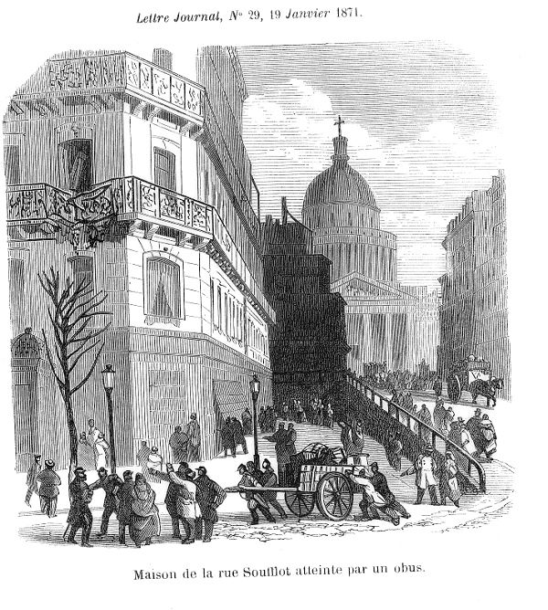 Un épisode du bombardement (Maison de la rue Soufflot atteinte par un obus) durant le siège de Paris en 1871