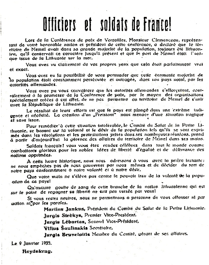 Affiche placardée par le Comité du Salut de la Petite Lituanie avant l'attaque du 15 janvier
