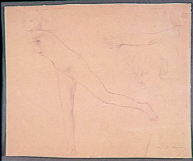 Luc-Olivier Merson : <br>Etude d'une jeune femme nue courant, <br>reprise d'un bras et de la tête.<br><i>Musée des Beaux-Arts de Lille</i>.